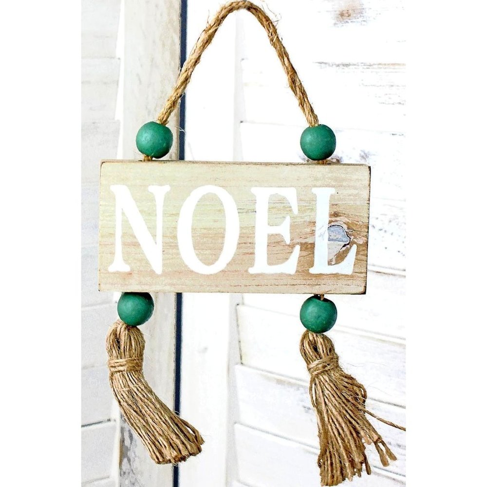 NOEL Wooden Hanging Sign or Ornament. Beaded and Tassels. Christmas Home Décor.